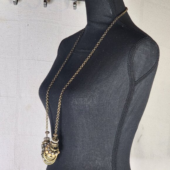 Chico's Mixed Metal Brass Rhinestone Wood Stacking Ring Bead 39" Rolo Necklace - Picture 7 of 16